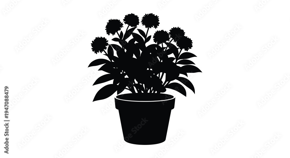 Obraz premium A striking black silhouette of a lush potted plant with numerous blooms and vibrant foliage silhouette high quality