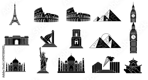 Black silhouette icons of famous world landmarks set