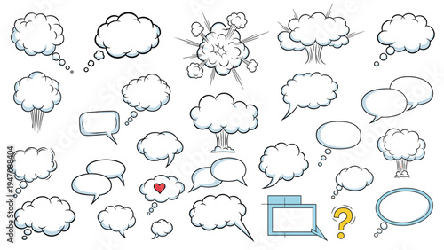 Large set of comic book speech bubbles and explosion clouds in various shapes and sizes for dynamic storytelling and pop art design.