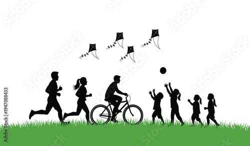 A silhouette illustration of a happy family engaging in various outdoor recreational activities