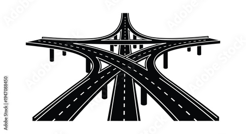 A complex network of intersecting highways and overpasses is depicted in a stark graphic silhouette high quality professional