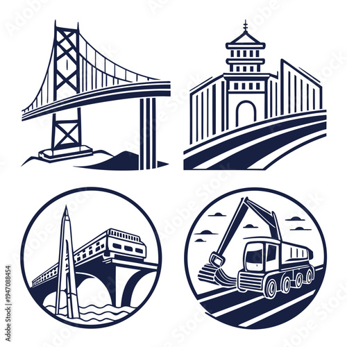 Four distinct types of bridges showcased in a detailed black and white illustration