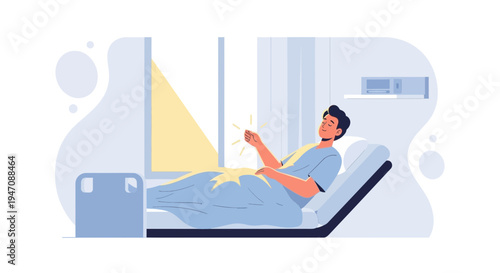 Sick man in hospital bed looking at hand with glowing light, recovery concept