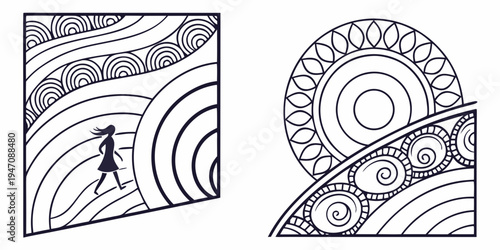 A surreal landscape featuring a person walking on a path with intricate circular patterns