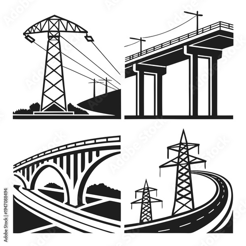 Illustration of various types of bridges and power lines in black and white
