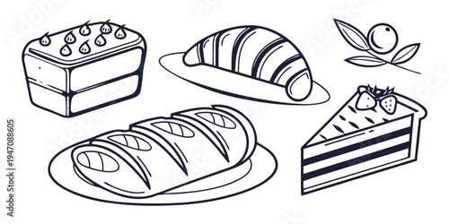 Assorted pastries and cakes displayed on plates and a serving tray