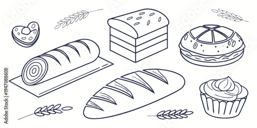 Assorted breads and pastries displayed on a wooden table