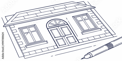 A detailed architectural drawing of a building facade with three arched windows