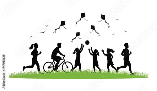 A group of people running and cycling through a park with kites flying in the sky above them