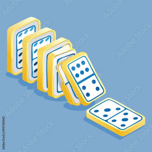 Isometric dominoes falling in a chain reaction on blue background