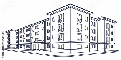 A detailed black and white line drawing of a large apartment building with multiple floors
