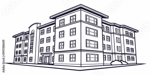 A detailed sketch of a multi-story apartment building with numerous windows and balconies.
