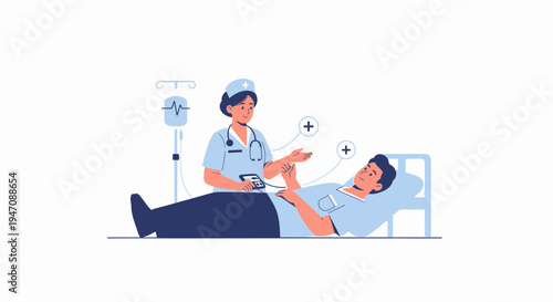 Nurse caring for patient in hospital bed with IV drip and medical equipment