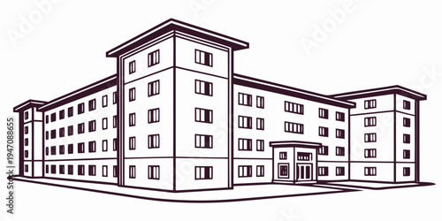 A detailed black and white line drawing of a large apartment building with multiple floors