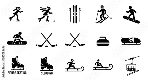 Black winter sports and activities icons set