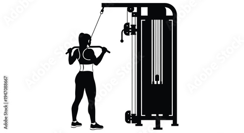 A woman is performing a lat pulldown exercise on a cable machine in a gym silhouette high quality