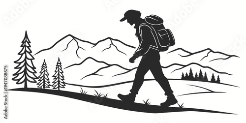 A lone hiker with a backpack trekking through a scenic mountainous landscape