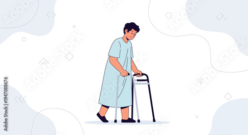 Elderly man with walker, recovering from illness, medical assistance, rehabilitation concept