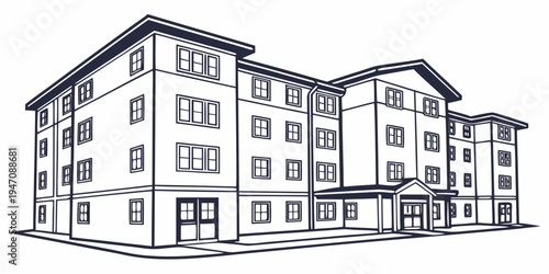 A detailed sketch of a modern apartment building with multiple floors and windows