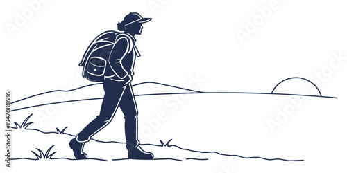 A lone hiker with a backpack trekking through a vast and empty landscape.