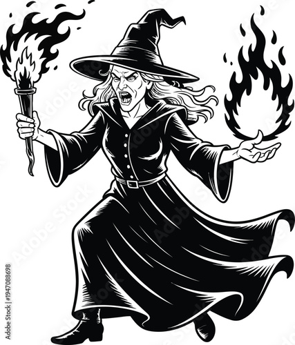 Powerful Witch Character Holding a Flaming Torch and Casting Magic, Spooky Halloween and Fantasy Concept Illustration, Sorceress Silhouette for Storytelling
