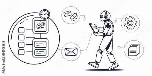 A futuristic robot interacting with various digital interfaces and icons.