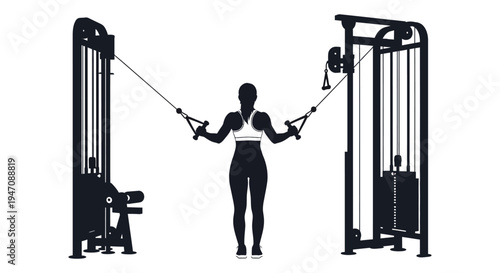 A woman is performing a cable fly exercise on a gym machine shown as a striking silhouette