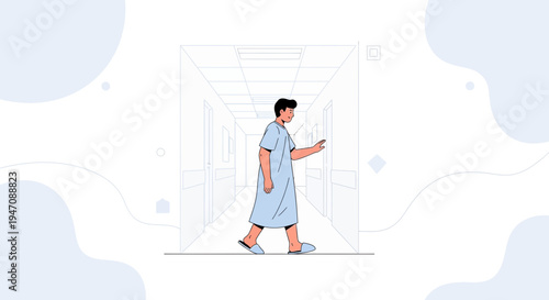 Patient walking down hospital corridor, touching wall, healthcare concept
