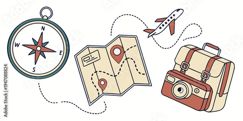 A vintage travel theme with a compass, a map, and a suitcase.