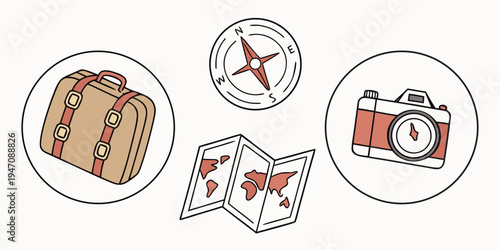 A collection of travel and adventure related icons and symbols.