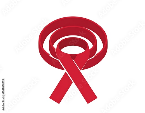 Stylized red ribbon loops around a central emblem, against a plain white backdrop