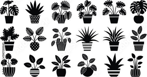Collection of black and white potted houseplant silhouettes on white background Keywords: houseplants, potted plants