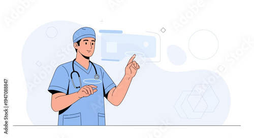 Doctor using futuristic holographic interface for medical data analysis