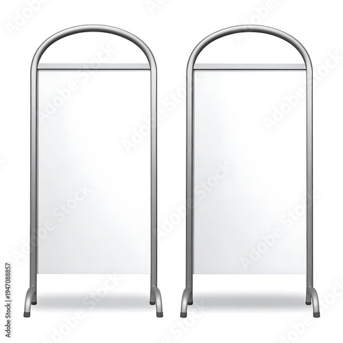 Two silver metal sandwich boards with arched tops, holding blank white display panels