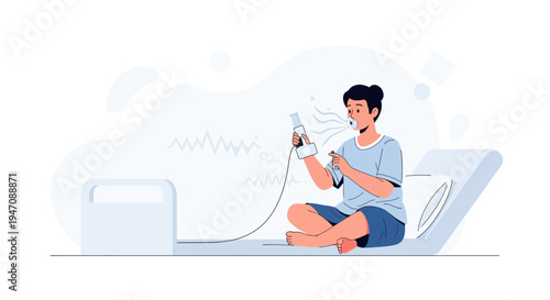 Person using nebulizer for respiratory treatment, medical concept illustration