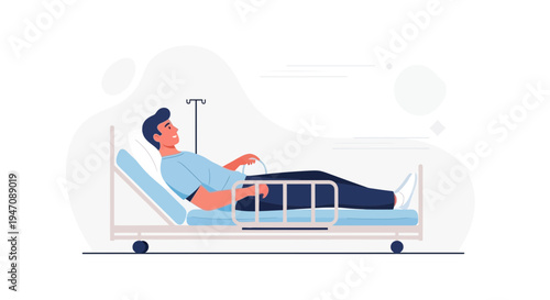 Man Lying in Hospital Bed with IV Drip, Medical Care Illustration