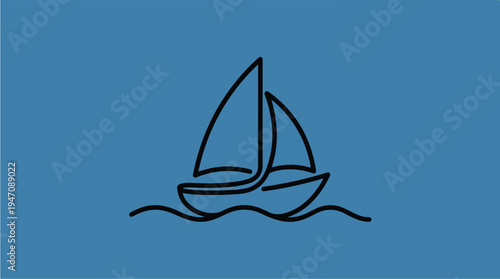Minimalist Line Art Sailboat on Blue Background.