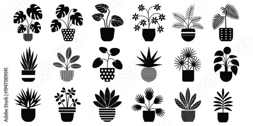 Collection of black silhouette potted houseplant icons with decorative pots Keywords: houseplants, plants, potted plants, indoor