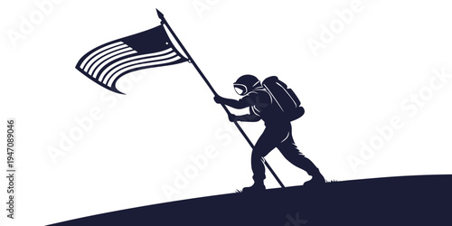 A determined hiker reaches the summit, proudly hoisting an american flag.