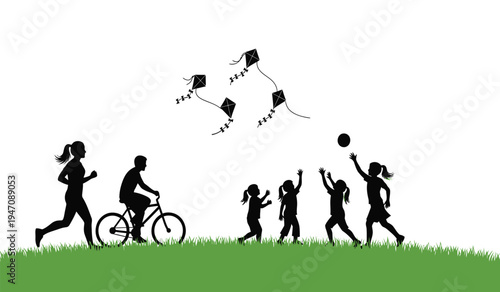 Silhouettes of people engaged in various outdoor recreational activities on a green grassy hill