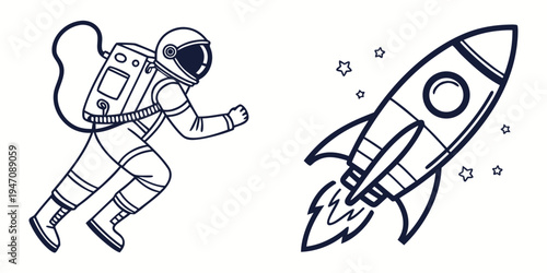 An astronaut floating in space next to a rocket ship with stars in the background