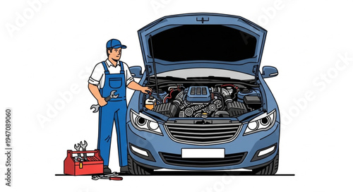 Mechanic with car engine open.