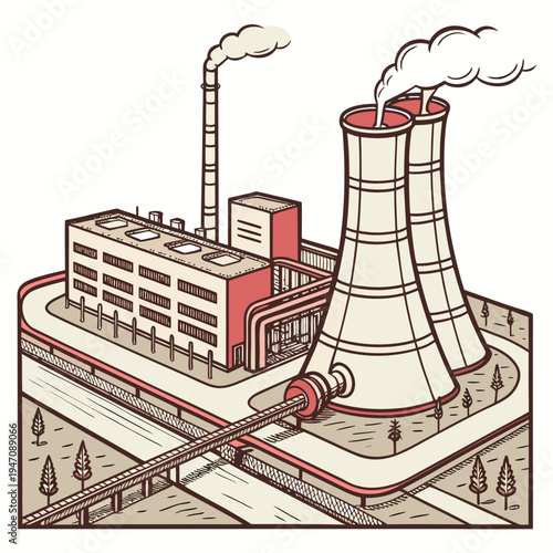 A nuclear power plant with a large cooling tower