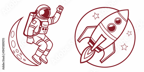 Astronaut and rocket illustration on a cosmic background.
