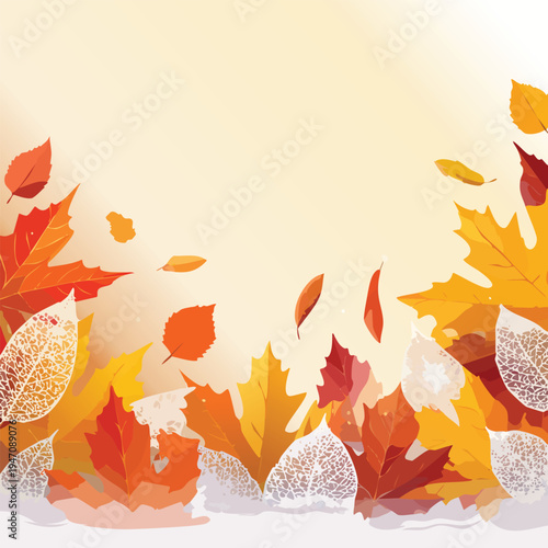 Autumnal leaves floating down with sunlight background illustration