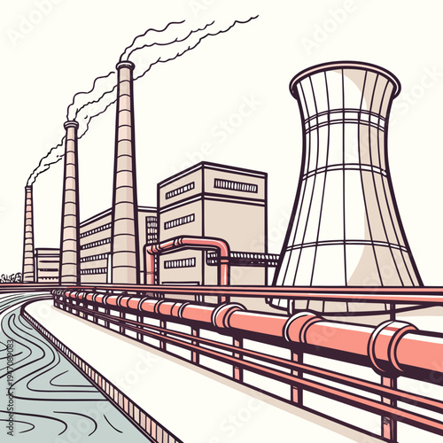 A large industrial power plant with cooling towers