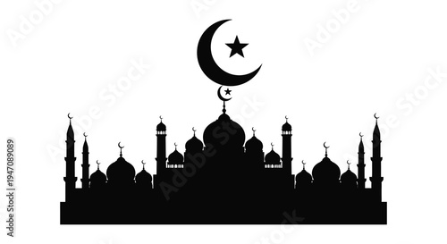 A striking black silhouette depicts a mosque with a crescent moon and star symbolizing islamic faith silhouette