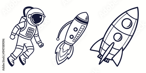 An astronaut and two rockets in a simple line drawing style