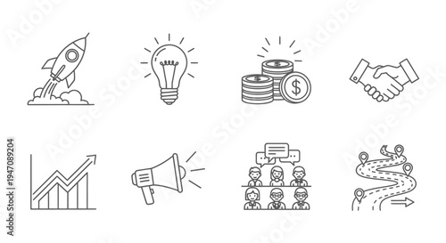 Business startup development and strategy line icons collection
