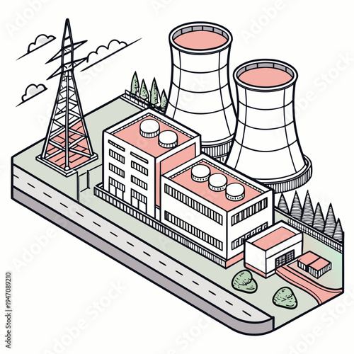 A nuclear power plant with cooling towers and buildings